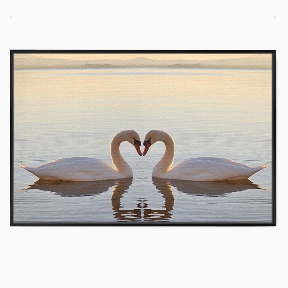 Tablou canvas cu tablou canvas cu lebede pe lac, in rama de aluminiu negru